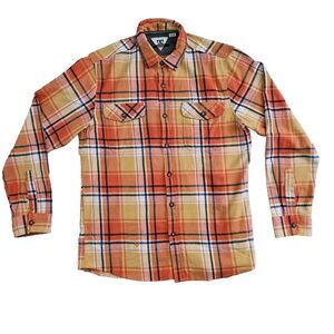 Vissla (Mens Medium) Orange Plaid Flannel Long Sleeve Button Up Shirt Two Pocket